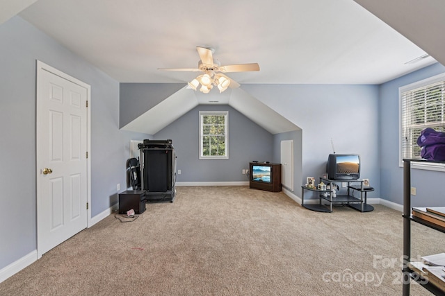 3865 Willow Grove Ln, Concord, NC 28025 - workout room featuring carpet flooring, healthy amount of natural light, ceiling fan, and vaulted ceiling