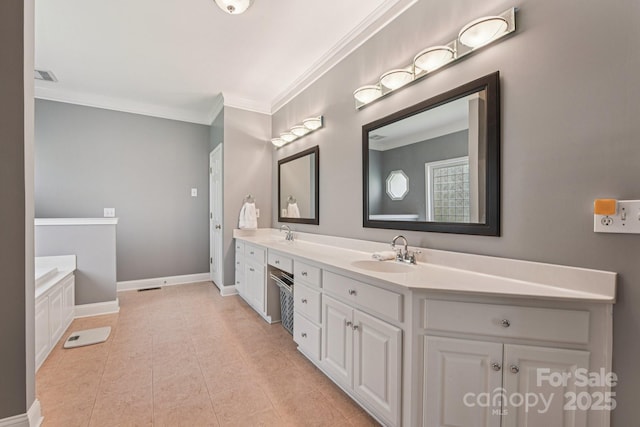 3865 Willow Grove Ln, Concord, NC 28025 - bathroom with double vanity, crown molding, a garden tub, and tile patterned flooring