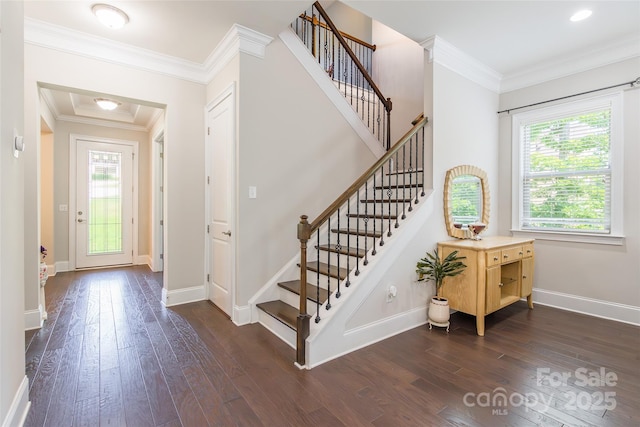 461 Swift Creek Cv, Clover, SC 29710 - foyer entrance featuring dark wood finished floors, ornamental molding, and stairs