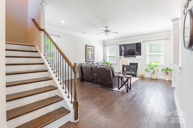 461 Swift Creek Cv, Clover, SC 29710 - living room with ceiling fan, stairway, dark wood-style flooring, ornamental molding, and a glass covered fireplace