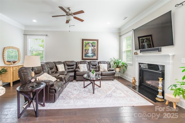 461 Swift Creek Cv, Clover, SC 29710 - living area featuring plenty of natural light, ceiling fan, hardwood / wood-style flooring, crown molding, and recessed lighting