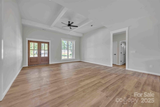 2325 32nd St NE, Hickory, NC 28601 - unfurnished room featuring light wood-style floors, a ceiling fan, beamed ceiling, coffered ceiling, and french doors