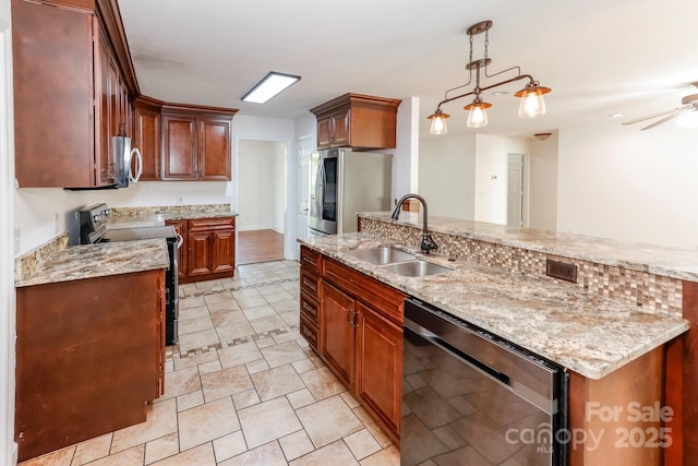 414 Bob Hardin Rd, Rutherfordton, NC 28139 - kitchen with black appliances, hanging light fixtures, and light stone countertops