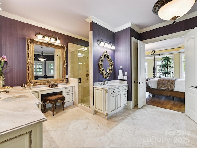 18201 Mainsail Pointe Dr, Cornelius, NC 28031 - full bath with two vanities, a stall shower, connected bathroom, plenty of natural light, and ornamental molding