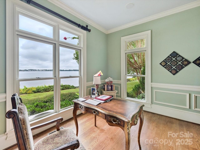 18201 Mainsail Pointe Dr, Cornelius, NC 28031 - office with a water view, a wainscoted wall, wood finished floors, ornamental molding, and a decorative wall