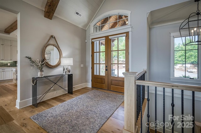 256 Hunt Camp Dr, Nebo, NC 28761 - foyer featuring a chandelier, light wood-style floors, and french doors