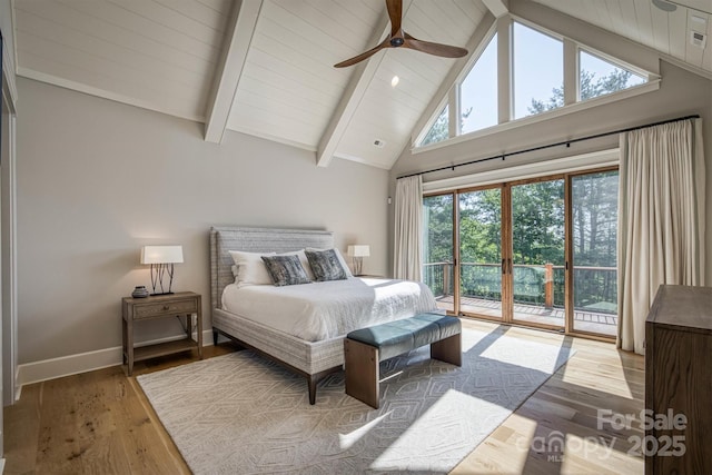 256 Hunt Camp Dr, Nebo, NC 28761 - bedroom featuring access to exterior, beamed ceiling, wood finished floors, high vaulted ceiling, and ceiling fan