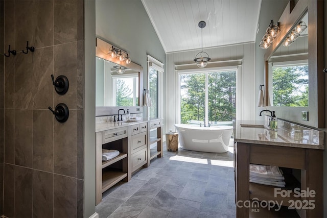 256 Hunt Camp Dr, Nebo, NC 28761 - bathroom featuring vanity, a freestanding bath, stone finish flooring, ornamental molding, and a tile shower