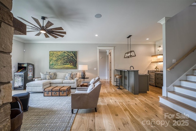 256 Hunt Camp Dr, Nebo, NC 28761 - living area featuring light wood-style flooring, crown molding, stairway, recessed lighting, and a ceiling fan