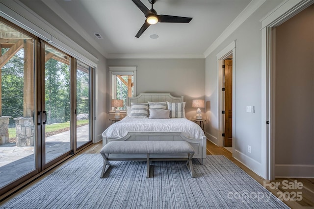 256 Hunt Camp Dr, Nebo, NC 28761 - bedroom with access to outside, wood finished floors, crown molding, and a ceiling fan
