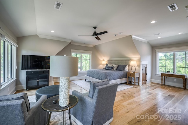 256 Hunt Camp Dr, Nebo, NC 28761 - bedroom with light wood finished floors, a ceiling fan, recessed lighting, and vaulted ceiling
