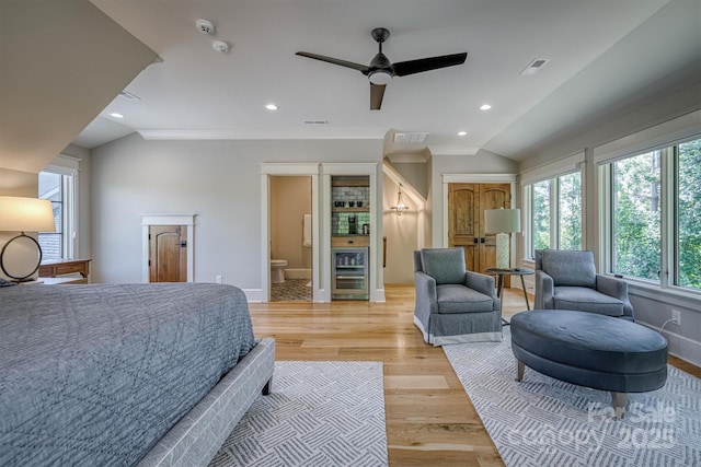 256 Hunt Camp Dr, Nebo, NC 28761 - bedroom with multiple windows, beverage cooler, light wood finished floors, recessed lighting, and ensuite bath