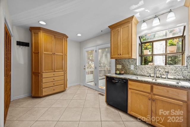 9008 St Croix Ln, Charlotte, NC 28277 - kitchen featuring dishwasher, tasteful backsplash, light stone countertops, light tile patterned floors, and recessed lighting