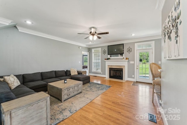 1123 Snyders Store Rd, Wingate, NC 28174 - living area featuring wood finished floors, ceiling fan, a fireplace with flush hearth, recessed lighting, and ornamental molding