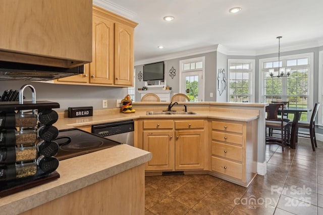 1123 Snyders Store Rd, Wingate, NC 28174 - kitchen with stainless steel dishwasher, crown molding, a peninsula, a chandelier, and light brown cabinetry