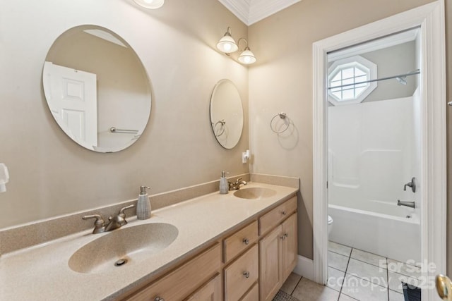 1123 Snyders Store Rd, Wingate, NC 28174 - bathroom with double vanity, tile patterned flooring, shower / tub combination, and crown molding