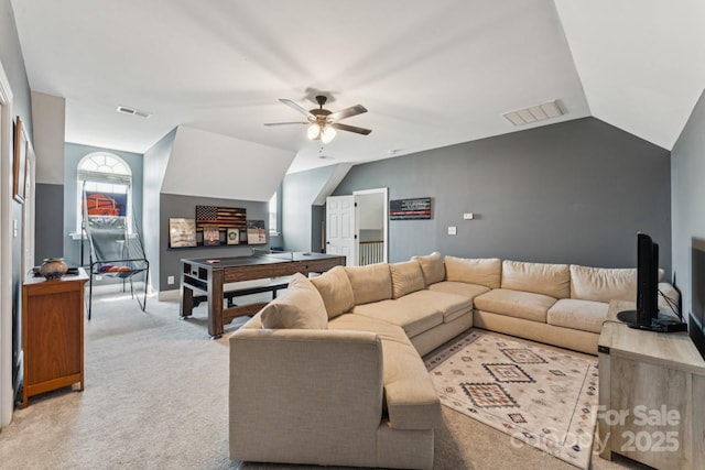 1123 Snyders Store Rd, Wingate, NC 28174 - living room with lofted ceiling, ceiling fan, and light colored carpet