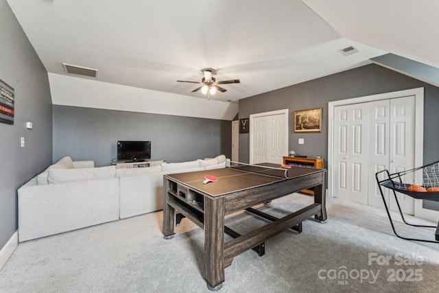1123 Snyders Store Rd, Wingate, NC 28174 - rec room featuring carpet, ceiling fan, and lofted ceiling