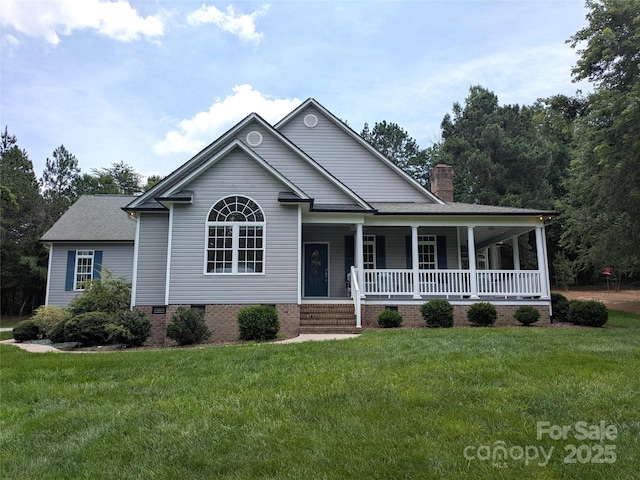 6301 Hawk Nest Dr, Concord, NC 28027 - view of front of house with covered porch, a front lawn, a chimney, and crawl space