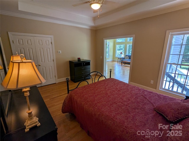 6301 Hawk Nest Dr, Concord, NC 28027 - bedroom with a tray ceiling, light wood-style floors, crown molding, and a ceiling fan