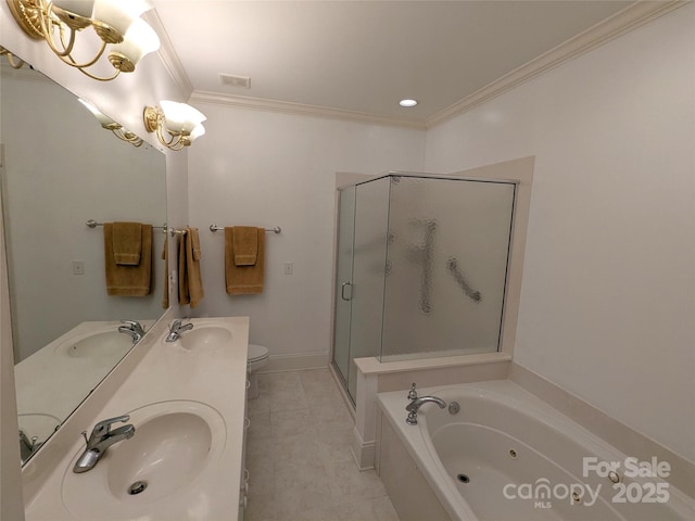 6301 Hawk Nest Dr, Concord, NC 28027 - full bath with a shower stall, a tub with jets, tile patterned flooring, crown molding, and double vanity