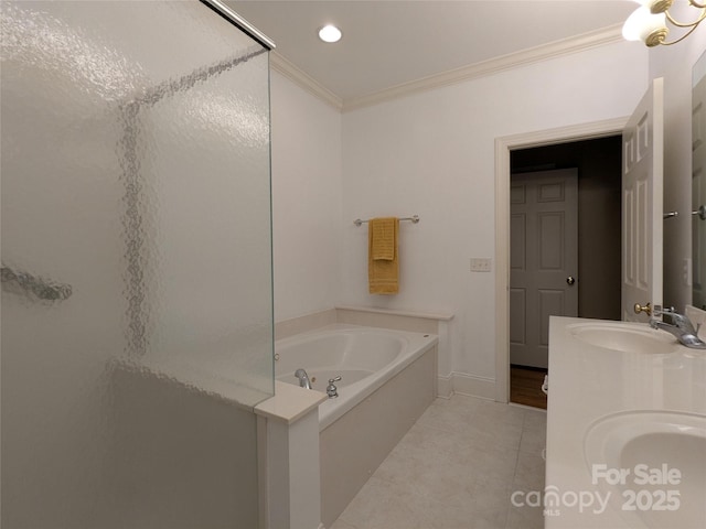 6301 Hawk Nest Dr, Concord, NC 28027 - full bathroom with ornamental molding, a shower stall, a garden tub, tile patterned flooring, and double vanity