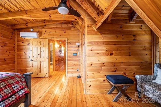 1818 W Paradise Harbor Dr Unit 172, Connelly Springs, NC 28612 - bedroom with an AC wall unit, wood walls, a wood ceiling with exposed beams, and light wood finished floors