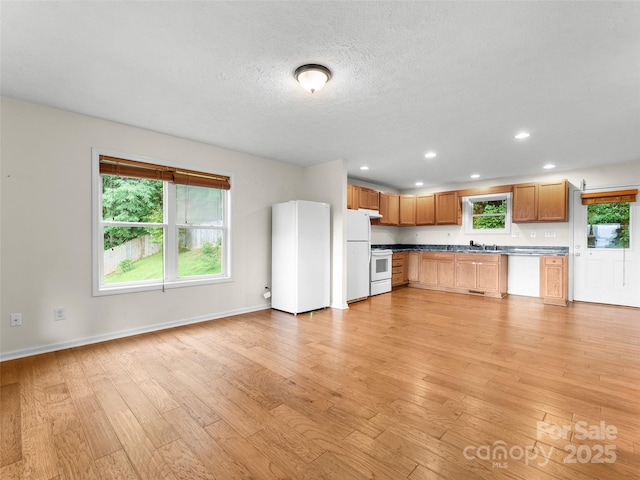 96 Habitat Way, Brevard, NC 28712 - kitchen featuring light wood-style flooring, white appliances, recessed lighting, a textured ceiling, and open floor plan