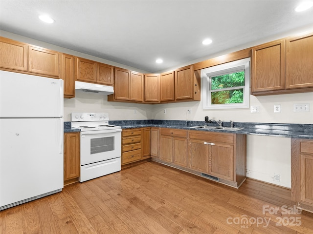 96 Habitat Way, Brevard, NC 28712 - kitchen featuring white appliances, dark countertops, light wood-type flooring, under cabinet range hood, and recessed lighting