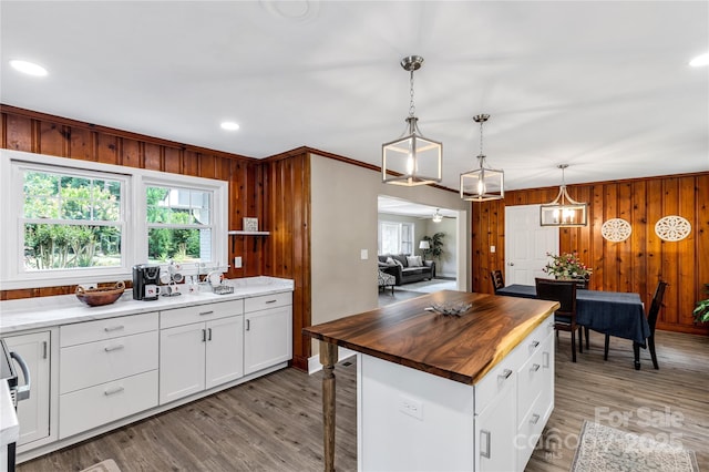 1641 Converse St, Lancaster, SC 29720 - kitchen with butcher block counters, wooden walls, light wood-type flooring, white cabinetry, and hanging light fixtures