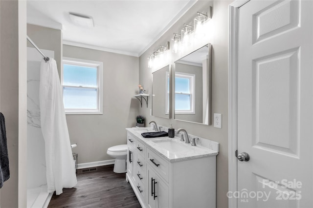 1641 Converse St, Lancaster, SC 29720 - bathroom featuring vanity, curtained shower, crown molding, and wood finished floors
