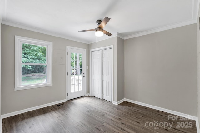 1641 Converse St, Lancaster, SC 29720 - entryway featuring a ceiling fan, dark wood-type flooring, and crown molding