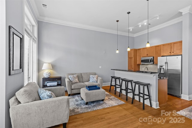 2810 Selwyn Ave Unit 429, Charlotte, NC 28209 - living room with crown molding, light wood-style floors, and track lighting