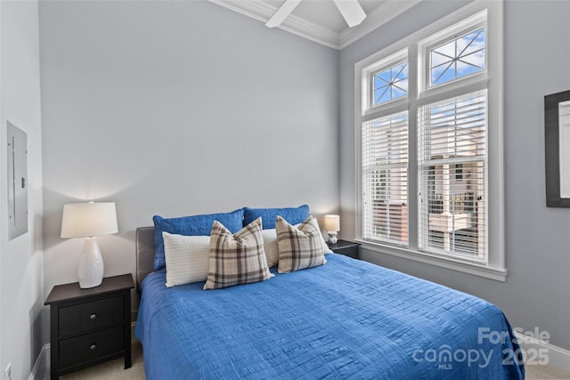 2810 Selwyn Ave Unit 429, Charlotte, NC 28209 - carpeted bedroom with crown molding, electric panel, and a ceiling fan