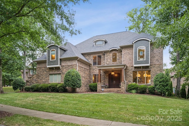 3519 Mcpherson St, Waxhaw, NC 28173 - french provincial home with stone siding, a front lawn, and a shingled roof