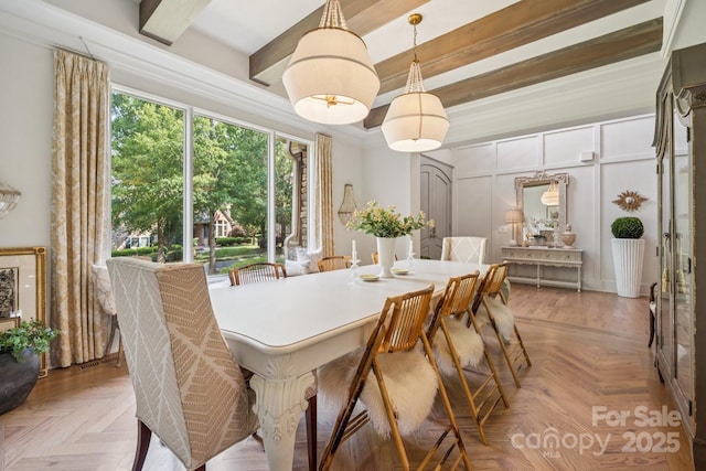 3519 Mcpherson St, Waxhaw, NC 28173 - dining space with beamed ceiling and a decorative wall