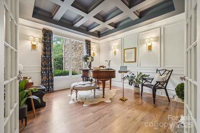 3519 Mcpherson St, Waxhaw, NC 28173 - sitting room featuring a decorative wall, ornamental molding, wood finished floors, beamed ceiling, and coffered ceiling
