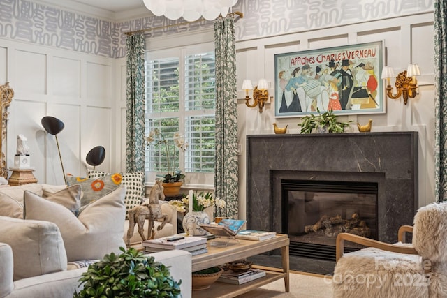 3519 Mcpherson St, Waxhaw, NC 28173 - living area featuring a decorative wall, a high end fireplace, and crown molding