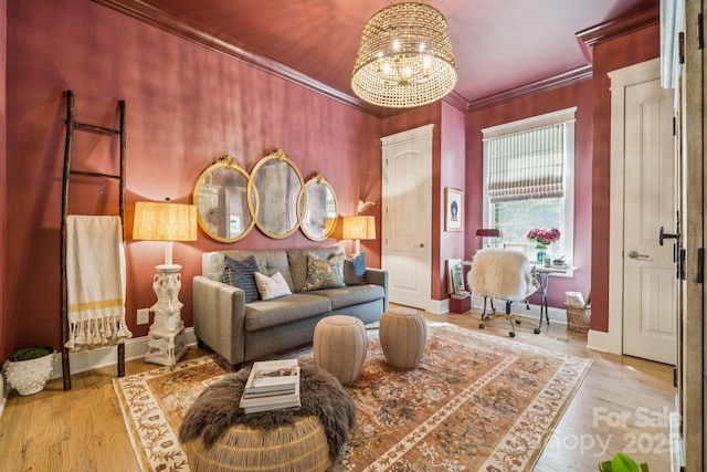 3519 Mcpherson St, Waxhaw, NC 28173 - living room featuring a chandelier, crown molding, and wood finished floors