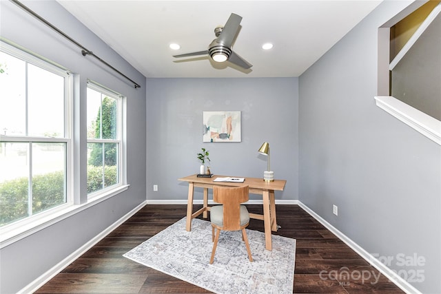 3533 Catherine Creek Pl, Davidson, NC 28036 - office featuring a ceiling fan, wood finished floors, and recessed lighting