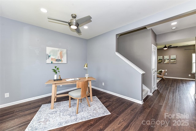 3533 Catherine Creek Pl, Davidson, NC 28036 - office featuring a ceiling fan, wood finished floors, and recessed lighting