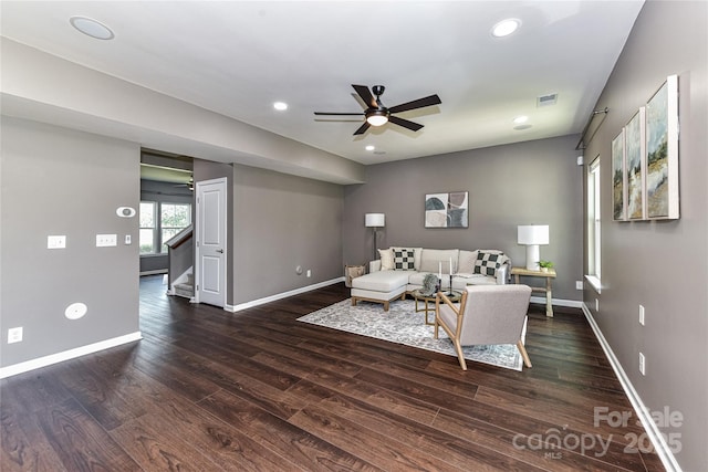 3533 Catherine Creek Pl, Davidson, NC 28036 - living area with a ceiling fan, stairs, wood finished floors, and recessed lighting