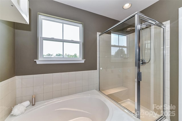 3533 Catherine Creek Pl, Davidson, NC 28036 - full bathroom with a bath, a stall shower, and recessed lighting
