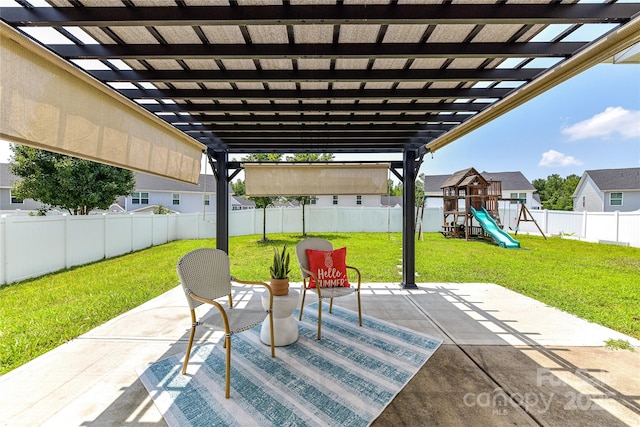 3533 Catherine Creek Pl, Davidson, NC 28036 - fenced backyard with a patio area, a pergola, and a playground