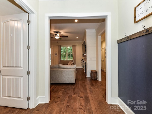 618 Deese Rd, Monroe, NC 28110 - hallway with ornamental molding, dark wood-style flooring, and recessed lighting
