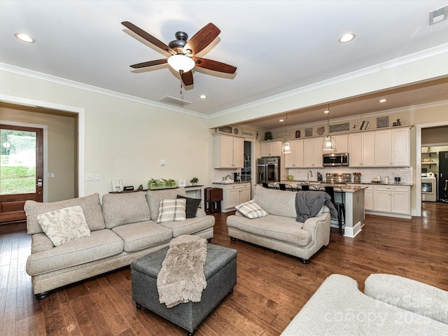 618 Deese Rd, Monroe, NC 28110 - living room featuring ornamental molding, a ceiling fan, dark wood-style floors, recessed lighting, and washer / clothes dryer
