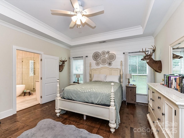 618 Deese Rd, Monroe, NC 28110 - bedroom with a tray ceiling, crown molding, dark wood-style flooring, ensuite bathroom, and ceiling fan