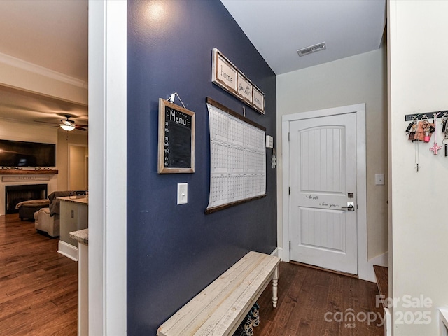 618 Deese Rd, Monroe, NC 28110 - mudroom featuring dark wood-type flooring, a fireplace, a ceiling fan, and ornamental molding
