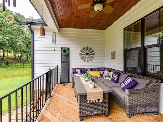618 Deese Rd, Monroe, NC 28110 - wooden terrace with an outdoor living space, ceiling fan, and a lawn