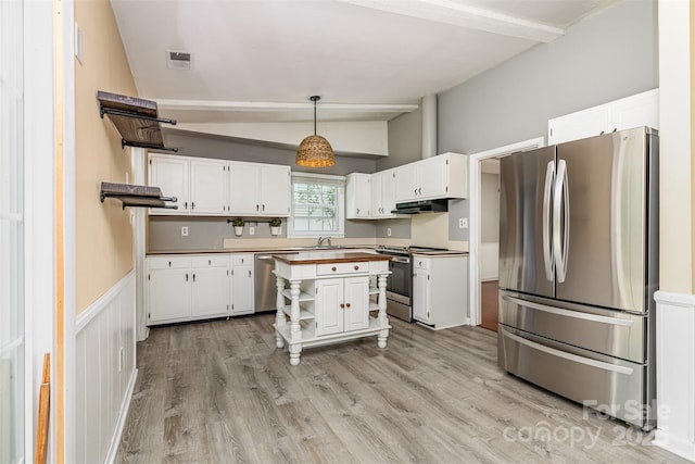 7017 Brookgreen Ter, Matthews, NC 28104 - kitchen with stainless steel appliances, open shelves, white cabinets, wood counters, and a center island